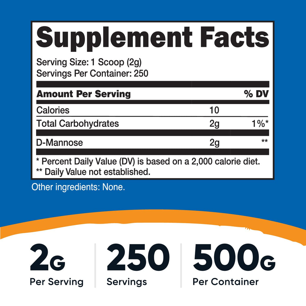 Nutricost D-Mannose powder being poured, convenient daily serving.
