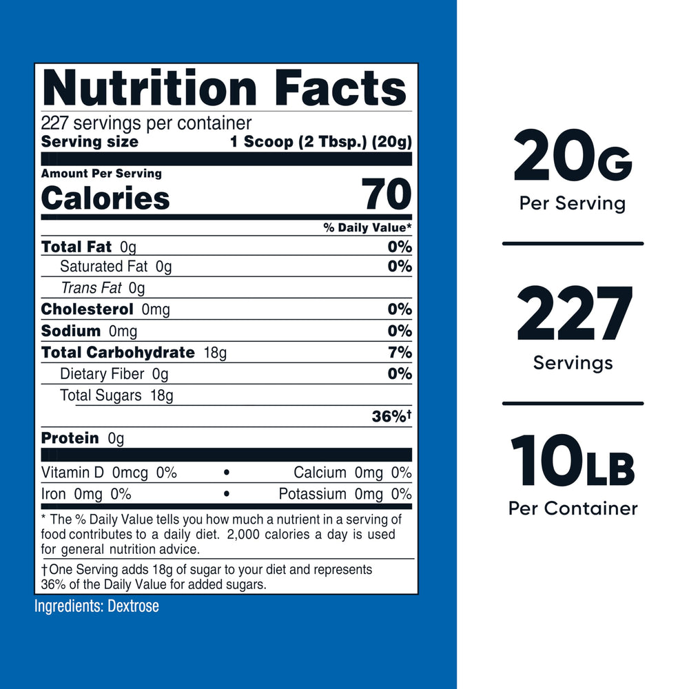 Nutricost Dextrose Powder ingredient label close-up highlighting purity and testing