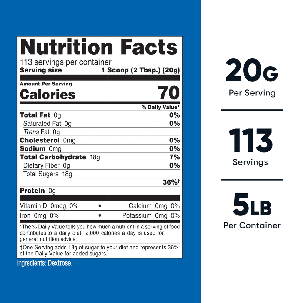Nutricost dextrose container with measuring spoon ready for baking or beverages.