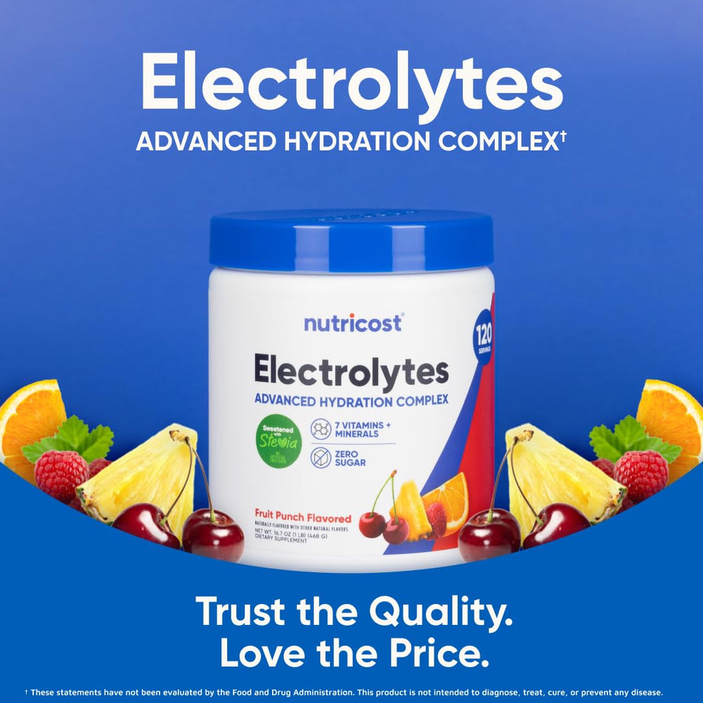 Nutricost Electrolyte Complex ingredient panel highlights essential vitamins and minerals.