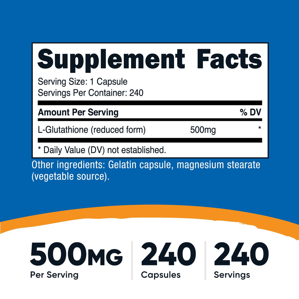 Nutricost Glutathione capsules label shows 500 mg per serving.