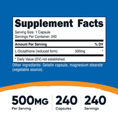 Nutricost Glutathione capsules label shows 500 mg per serving.