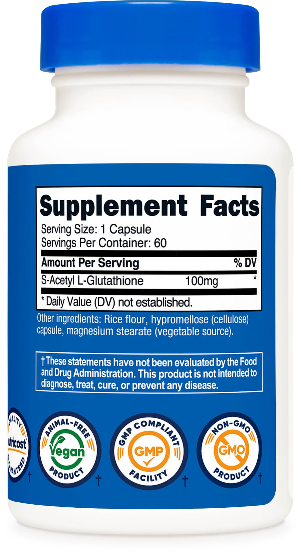 Nutricost GMO-free label on bottle for clean-label shopping