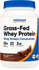Nutricost grass-fed whey concentrate chocolate bottle for high-protein shakes