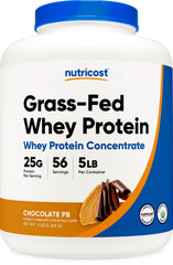 Nutricost grass-fed whey chocolate peanut butter jar for post-workout recovery and muscle support.