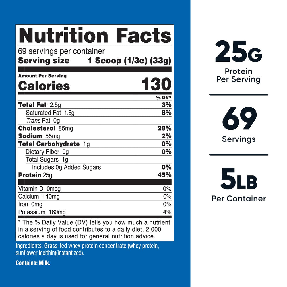 Nutricost grass-fed whey protein concentrate unflavored powder with scoop for versatile mixing.