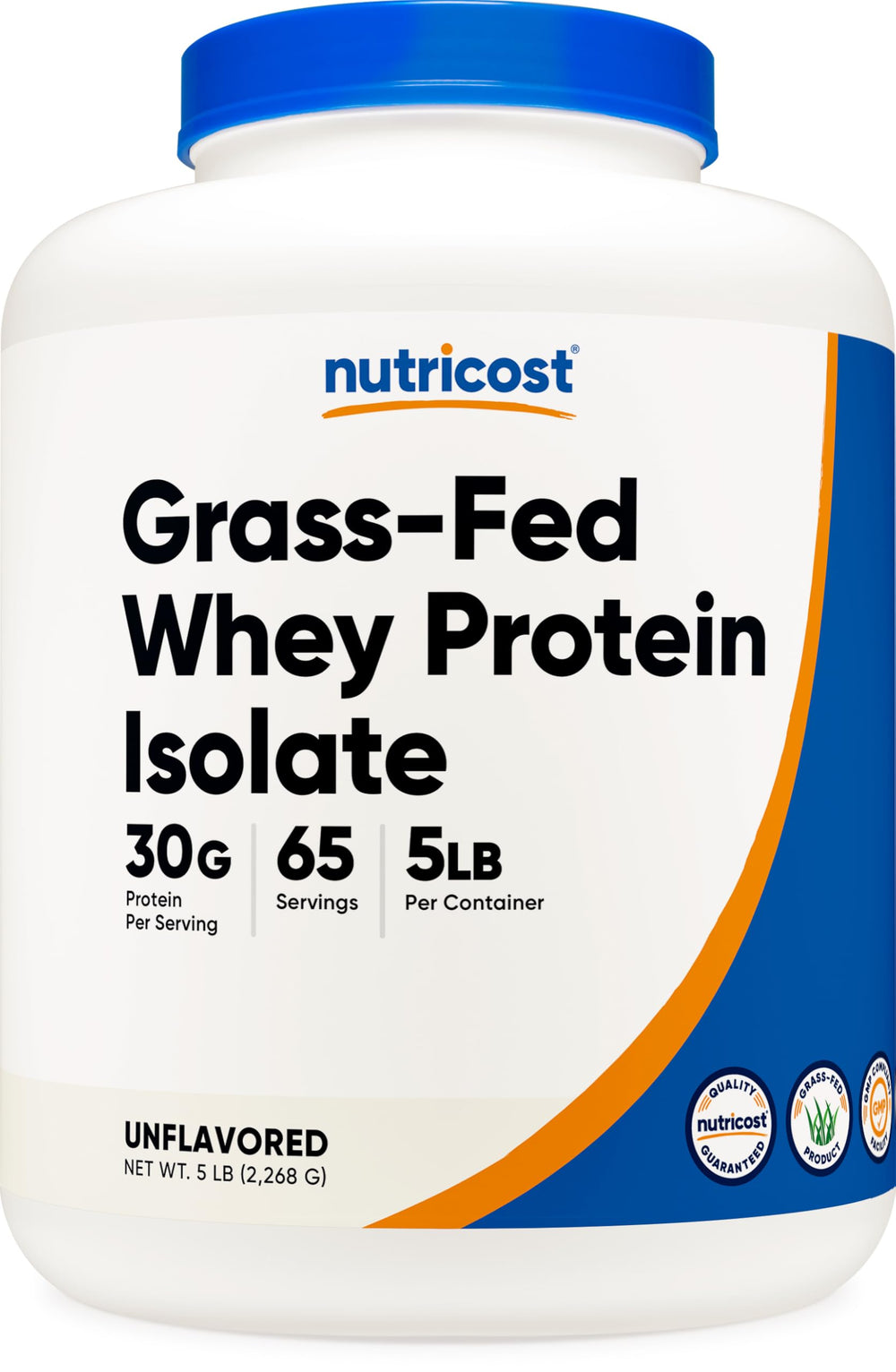 Nutricost Grass-Fed Whey Protein Isolate bottle with unflavored formula for versatile shakes.