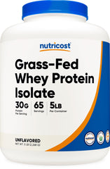 Nutricost Grass-Fed Whey Protein Isolate bottle with unflavored formula for versatile shakes.