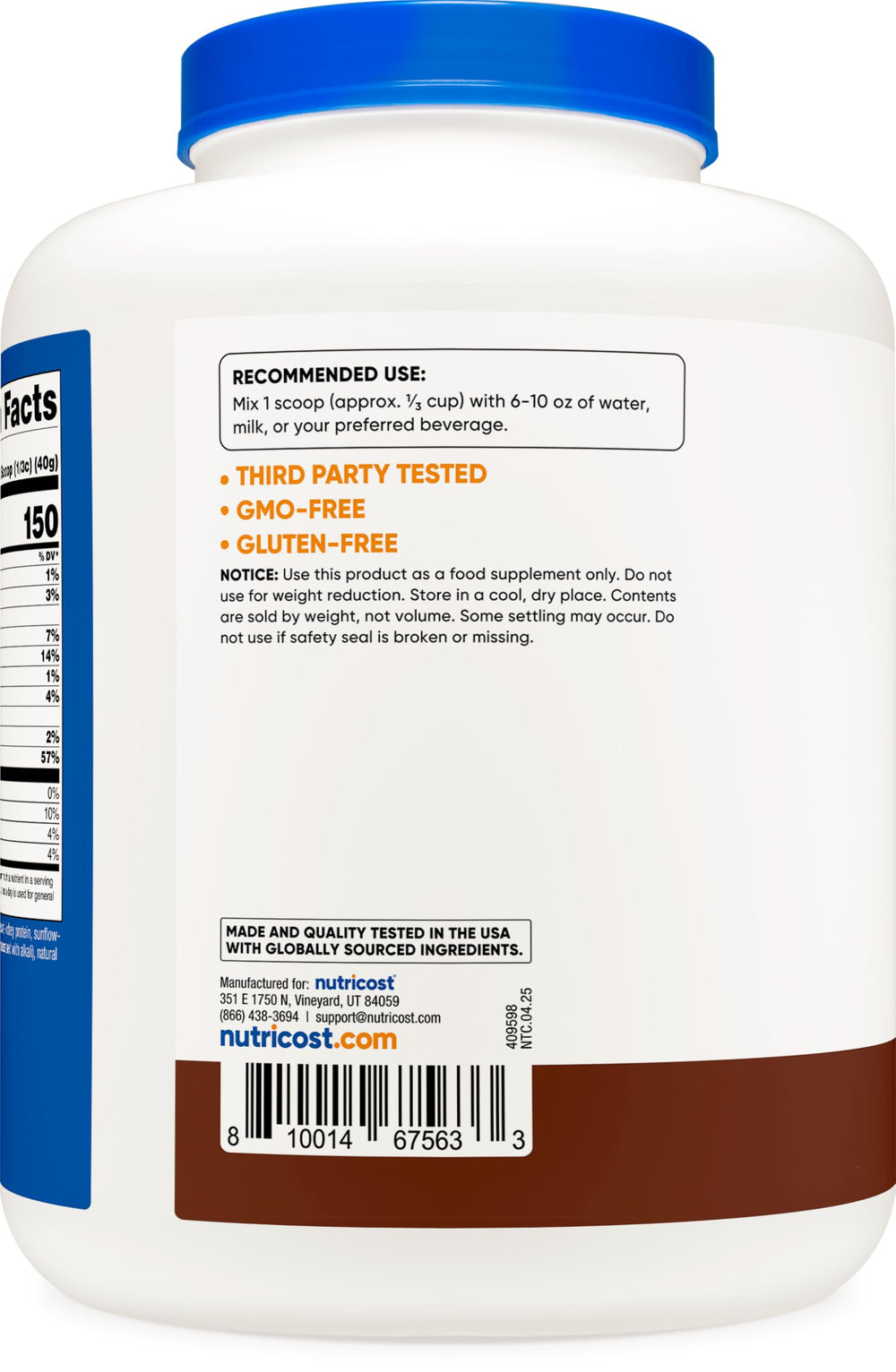 Nutricost Grass-Fed Whey Protein Isolate chocolate bag and scoop with 5 lbs value.