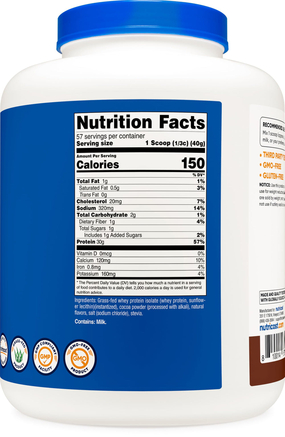 Nutricost Grass-Fed Whey Protein Isolate chocolate USA manufacturing quality image.