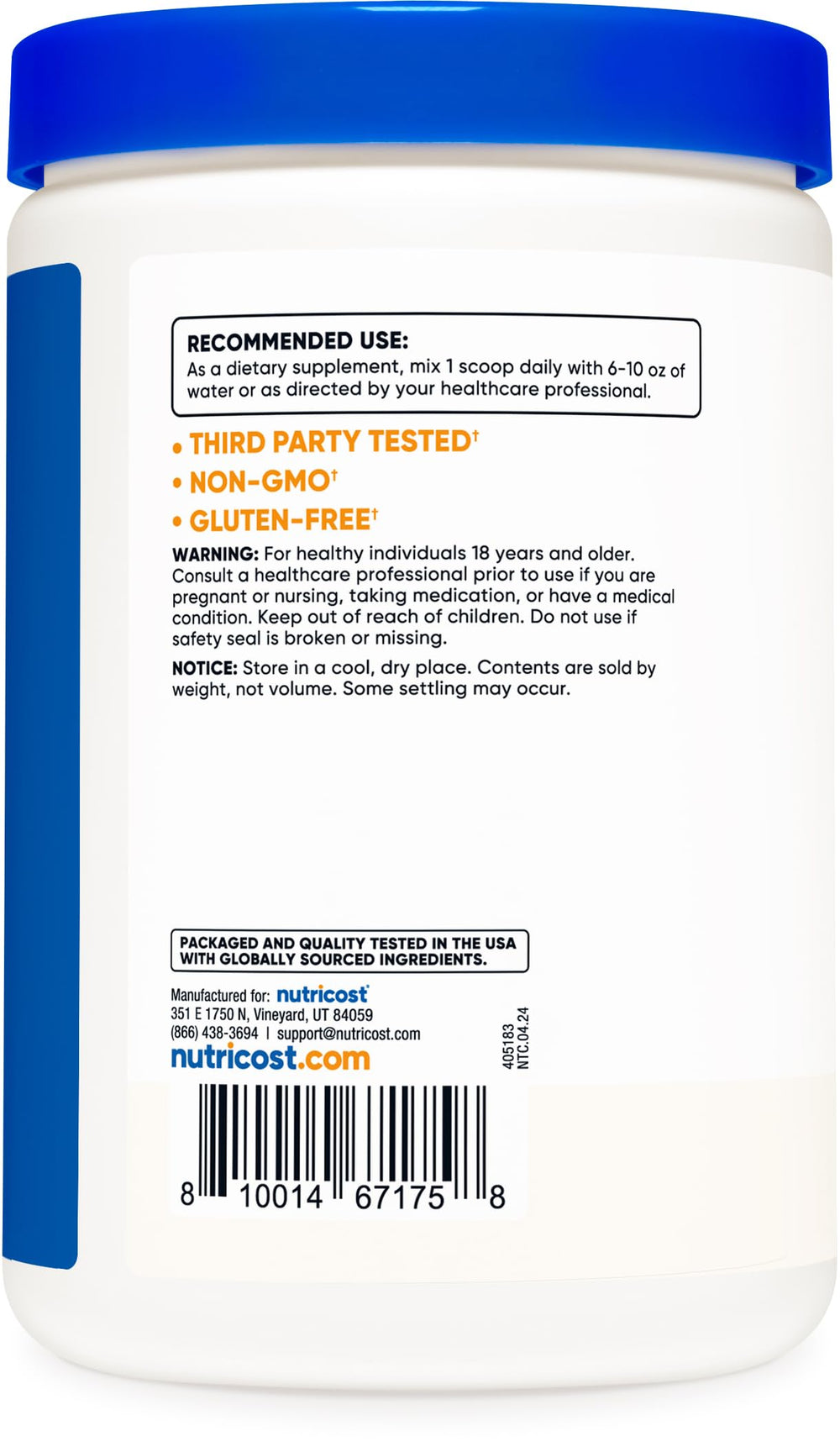 Close-up of Nutricost Inositol Powder label highlighting GMP testing.
