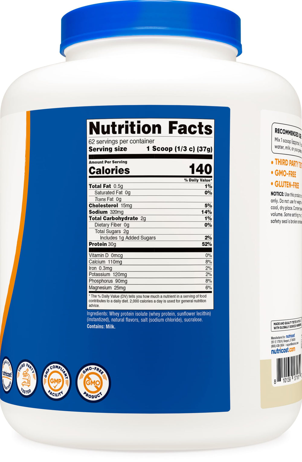 Nutricost Isolate Whey Vanilla 5 lbs nutrition panel for lean protein options.