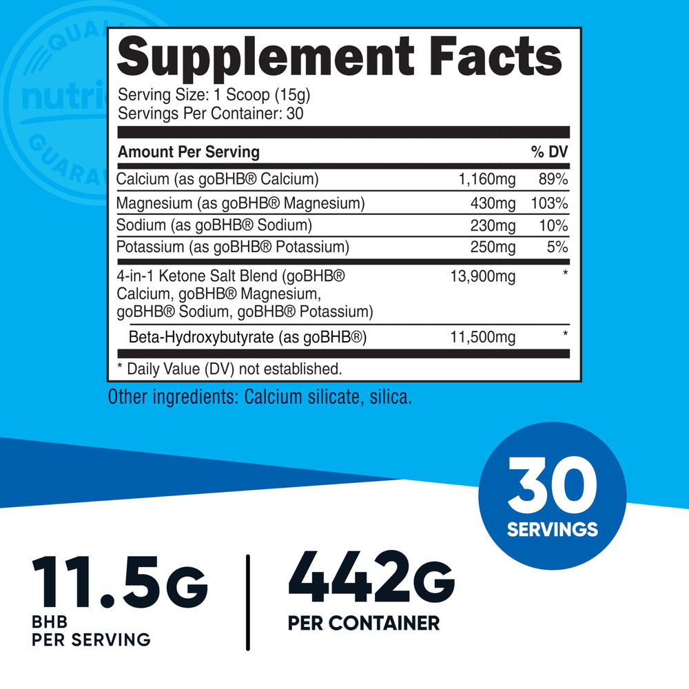 Nutricost Keto BHB bottle label close-up, highlighting 11.7 g BHB per serving