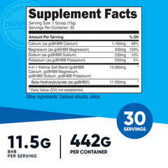 Nutricost Keto BHB bottle label close-up, highlighting 11.7 g BHB per serving