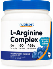 Nutricost L-Arginine Complex blue raspberry bottle front for workout readiness