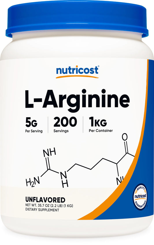 Nutricost L-Arginine Powder bottle front showing 1 kg supply for easy daily use