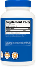 Packaging back of Nutricost L-Carnosine detailing GMP and FDA-registered facilities.