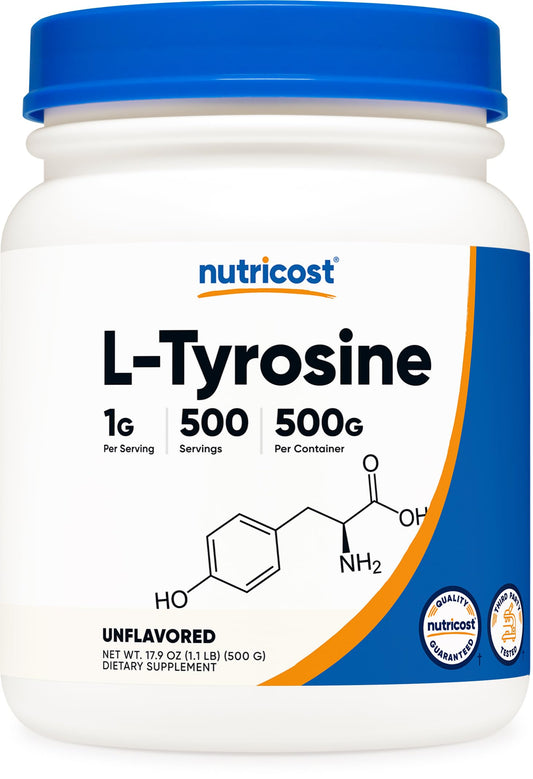 Nutricost L-Tyrosine powder bottle for daily focus support.