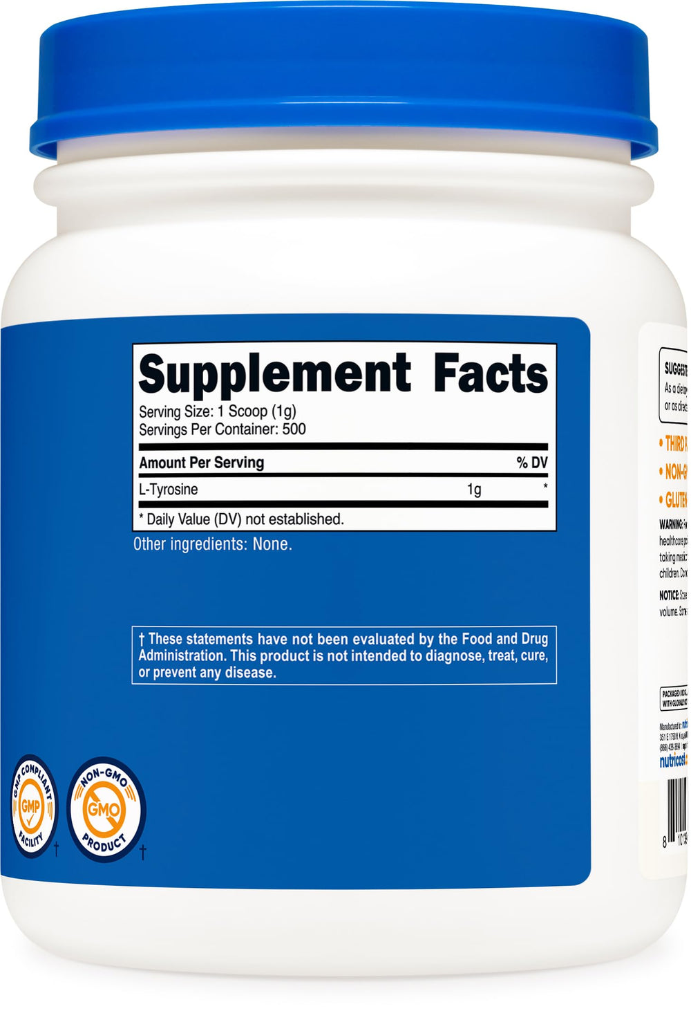 Nutricost L-Tyrosine powder label notes GMP and FDA registration.