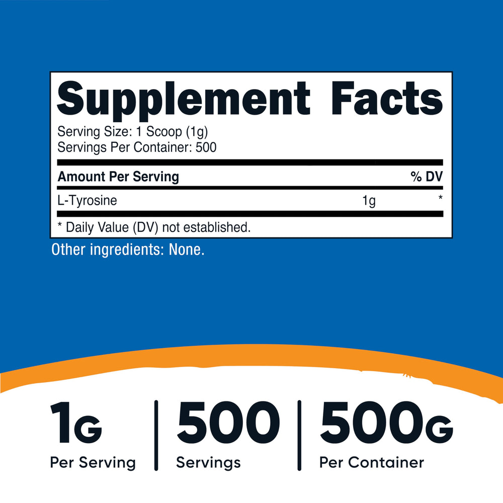 Scoop beside Nutricost L-Tyrosine powder for easy daily dosing.