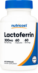 Nutricost Lactoferrin capsules bottle front: convenient daily wellness support in a gluten-free, vegetarian formula.