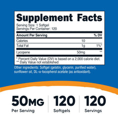 Nutricost Lycopene 50mg softgels bottle label close-up highlighting non-GMO and gluten-free features.