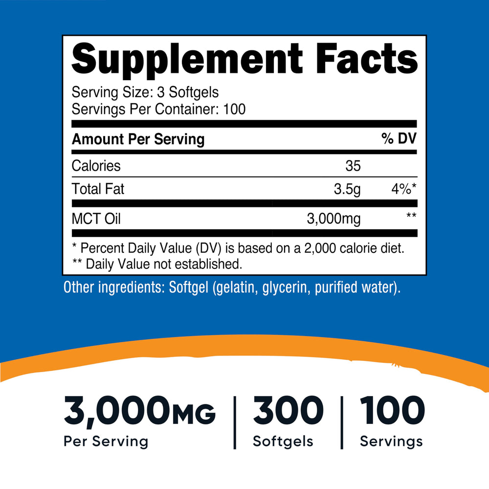 Nutricost MCT Oil Softgels close-up highlighting C8 and C10 blend for ketosis.