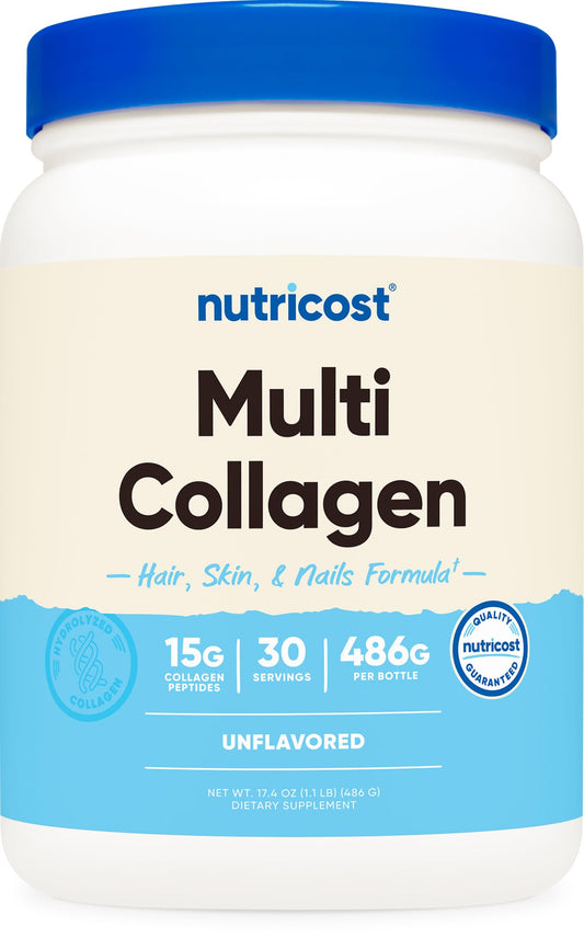 Nutricost Multi Collagen Protein Complex bottle on a kitchen counter, convenient daily supplement.