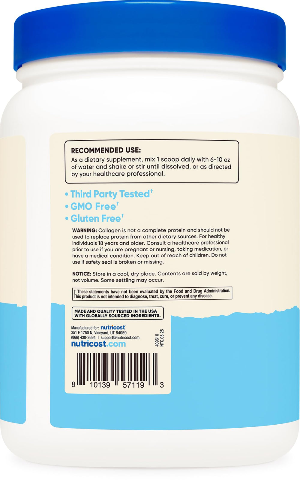 Close-up of Nutricost label highlighting biotin and hyaluronic acid for daily beauty support.