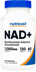 Nutricost NAD+ 1000 mg bottle highlighting per-serving strength for daily support.