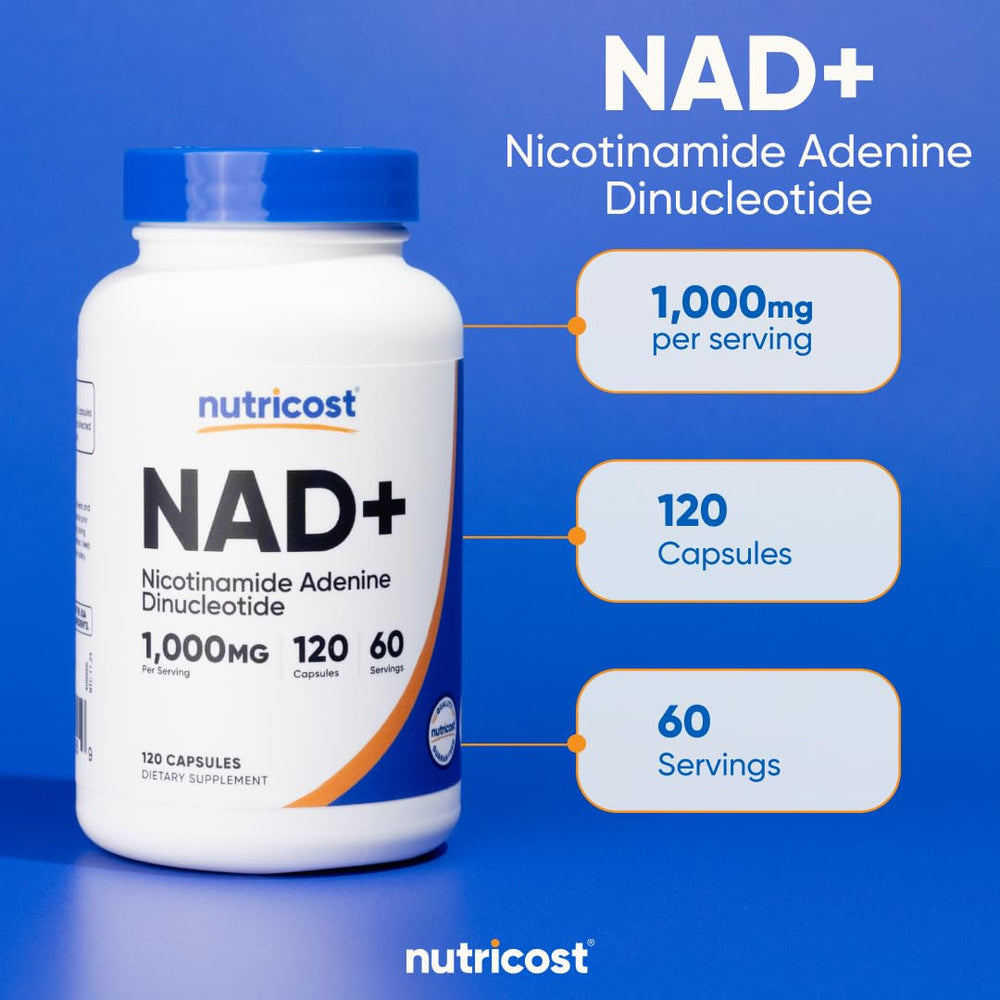 NSF GMP compliant badge beside Nutricost NAD+ bottle.