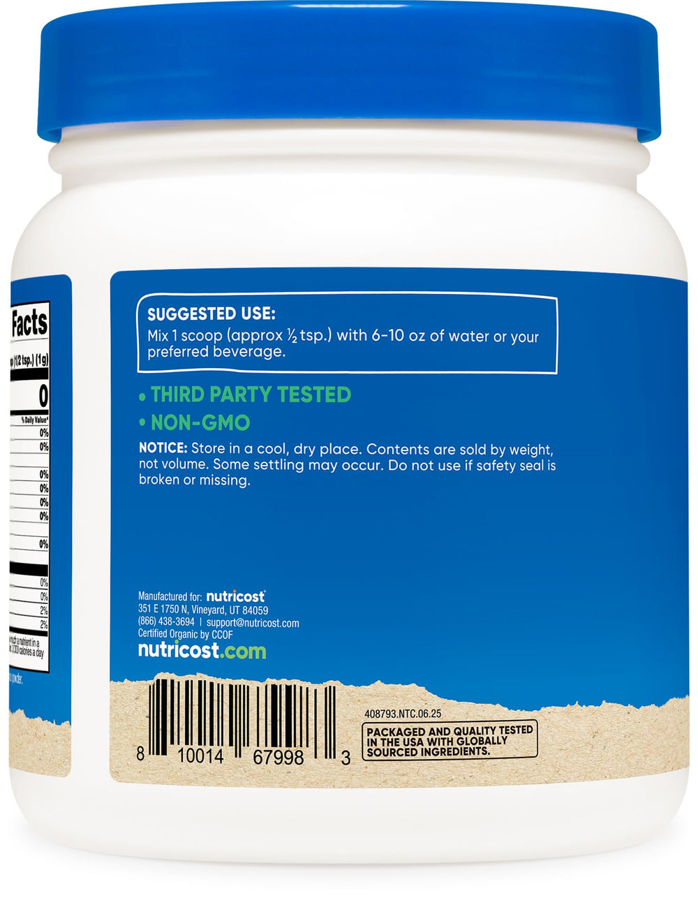 Nutricost organic barley grass powder label highlights gluten-free, vegan-friendly ingredients.