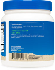 Nutricost organic barley grass powder label highlights gluten-free, vegan-friendly ingredients.