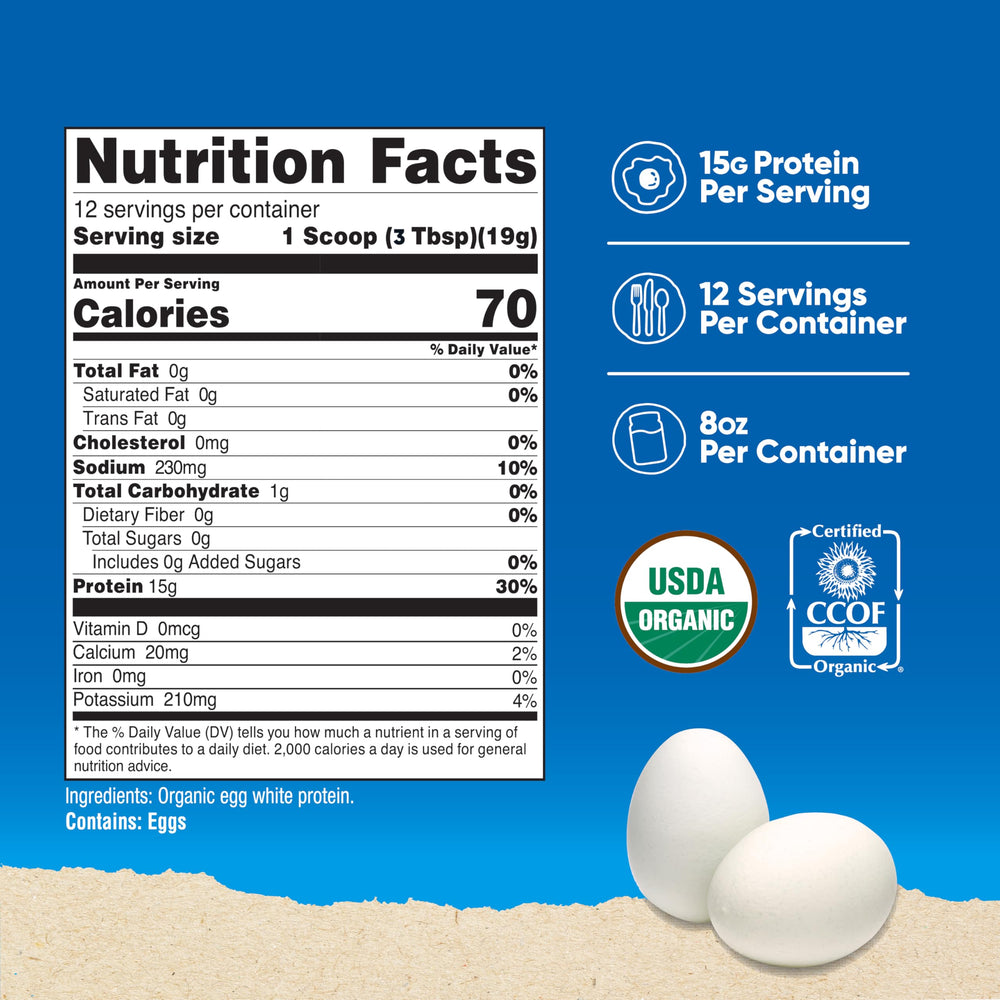 Nutricost Organic Egg White Protein label close-up showing 15g per serving
