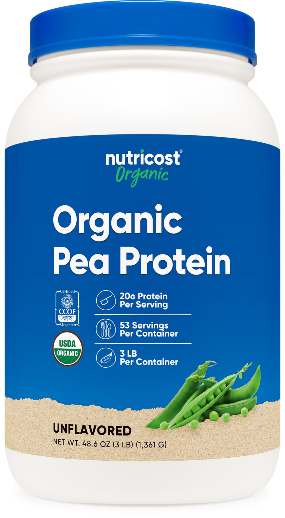 Nutricost Organic Pea Protein Powder container shows the 3 lb bag for convenient plant protein