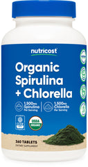 Nutricost Organic Spirulina + Chlorella bottle front view, two-month supply.