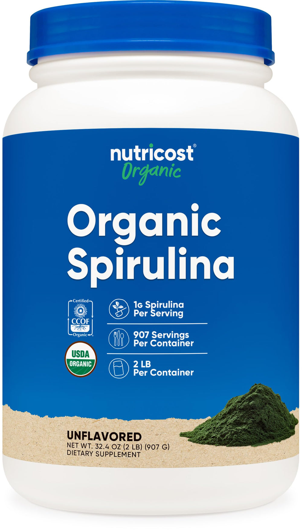 Nutricost Organic Spirulina Powder bottle with vibrant emerald powder for daily protein boost