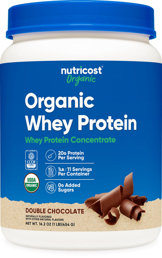 Nutricost Organic Whey Double Chocolate 1lb bottle highlights indulgent flavor for convenient daily protein