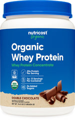 Nutricost Organic Whey Double Chocolate 1lb bottle highlights indulgent flavor for convenient daily protein