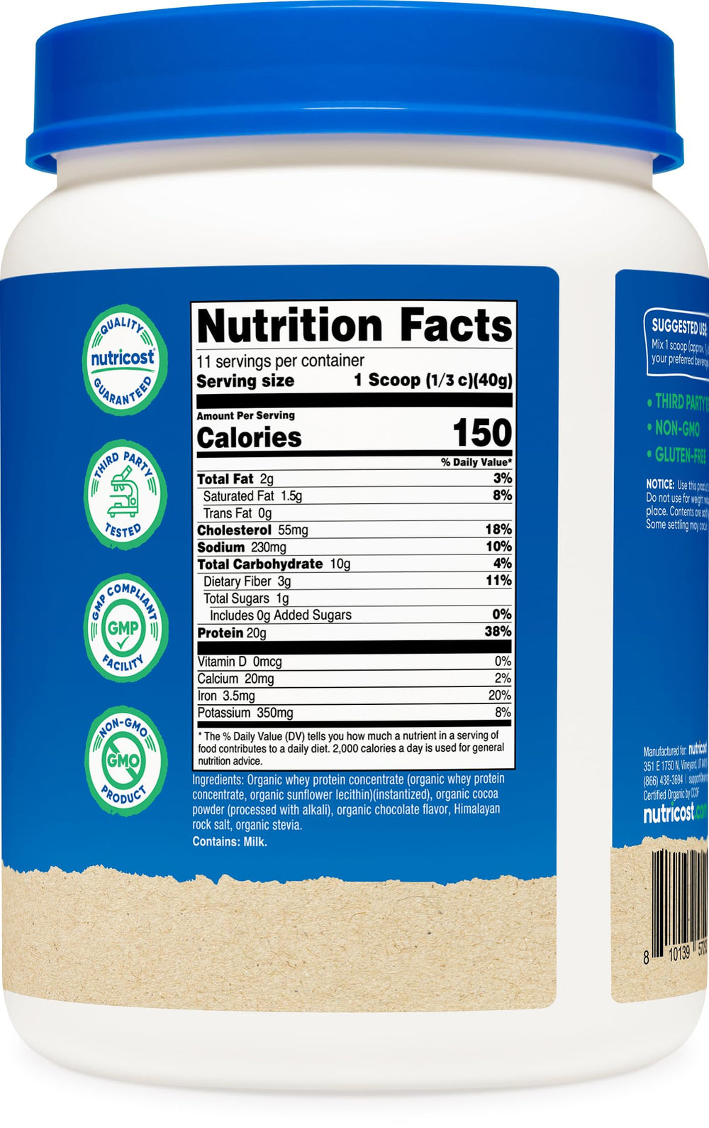 Nutricost Organic Whey Third-Party Tested mark reassures quality and safety standards