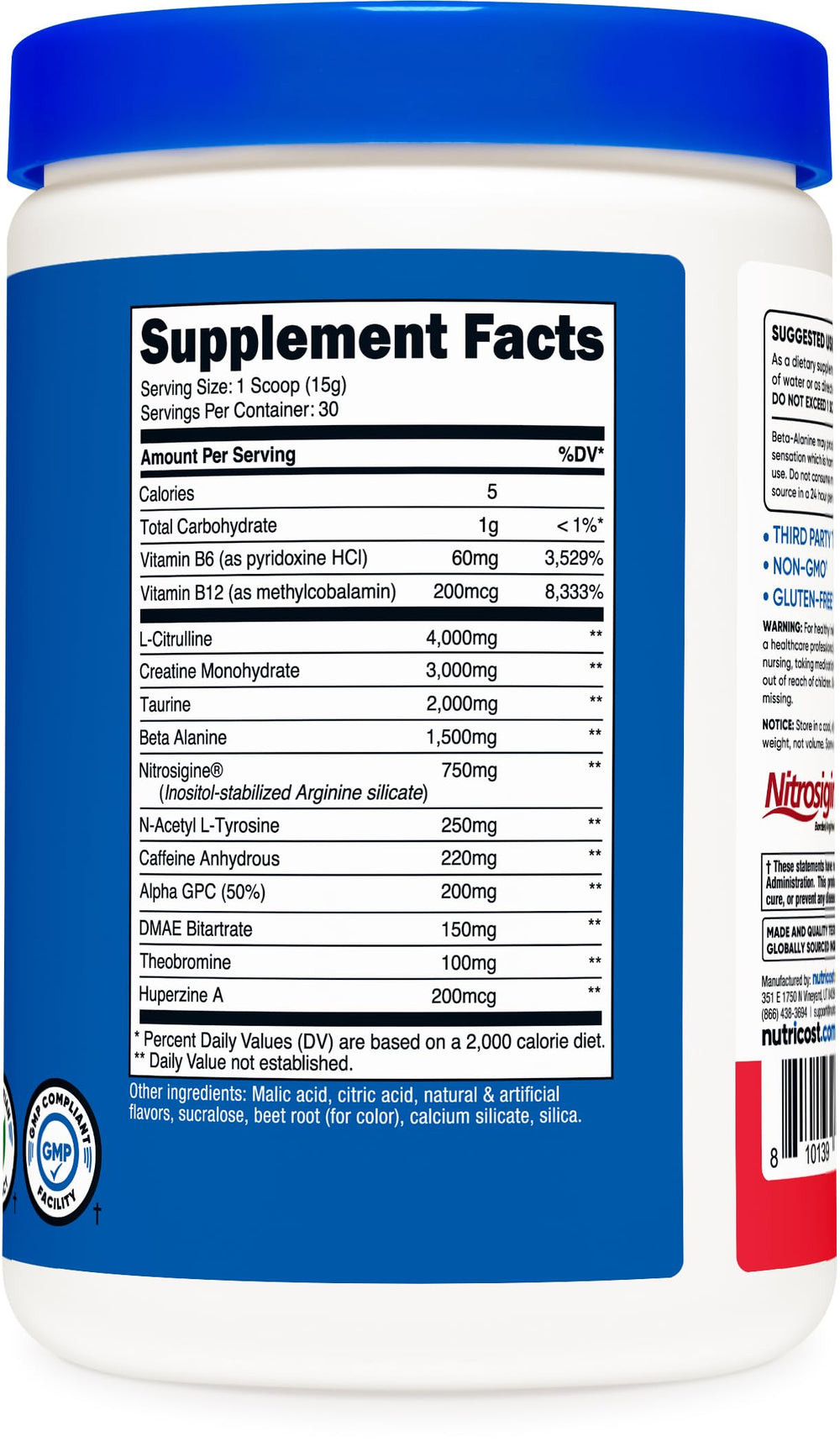 Nutricost Pre-C NSF-certified GMP facility badge indicates quality manufacturing