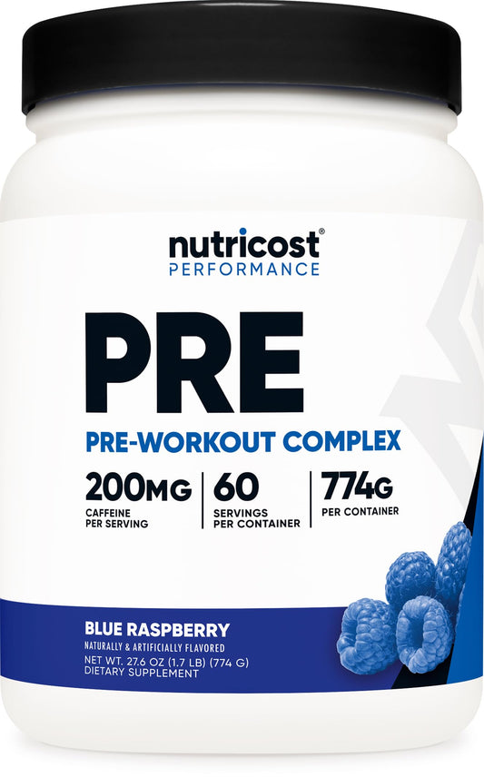 Nutricost Pre-Workout Complex blue raspberry tub ready for flavor packed training sessions.