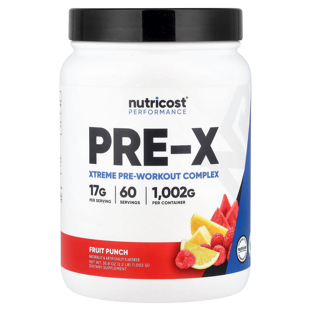 Nutricost Pre-X Fruit Punch tub with branding for energized workouts