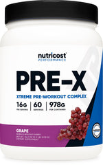 Nutricost Pre-X Xtreme bottle in grape flavor for energized workouts.