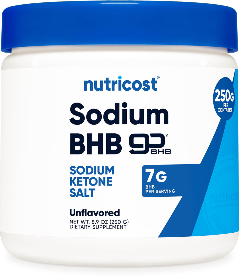 Nutricost Sodium BHB powder in a tub, ideal for on-the-go keto support.