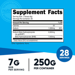 Nutricost Sodium BHB powder unflavored scoop, easy to mix into beverages.