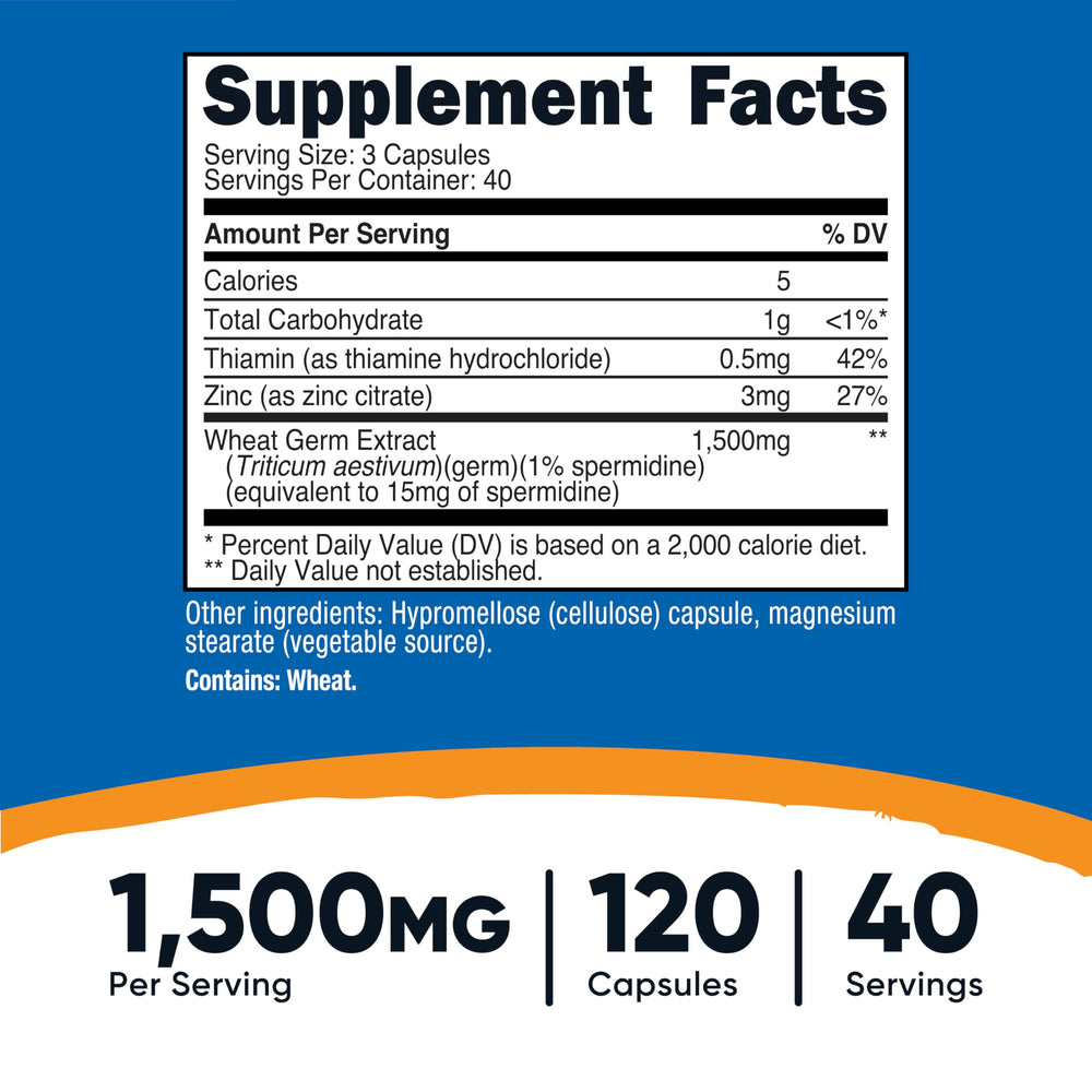 Nutricost Spermidine Wheat Germ Extract bottle label showing 15 mg per serving for dosing