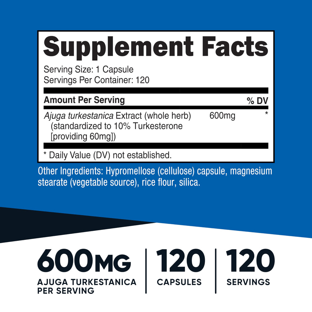 Nutricost Turkesterone bottle back showing supplement facts and batch information.