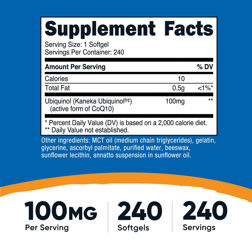 Nutricost Ubiquinol Softgels bottle label showing 100 mg per softgel.