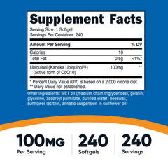 Nutricost Ubiquinol Softgels bottle label showing 100 mg per softgel.